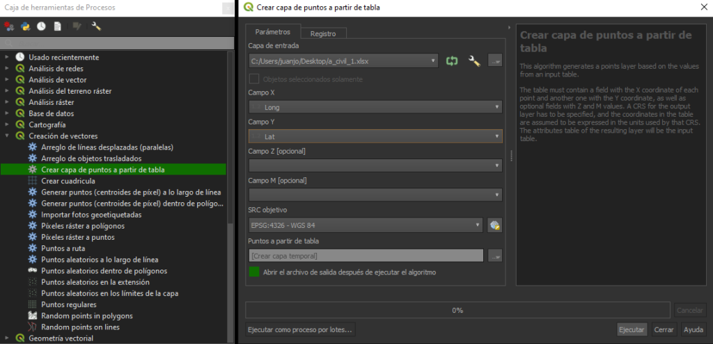 Como crear una capa de puntos a partir de una tabla (de Excel a QGIS 3.X)