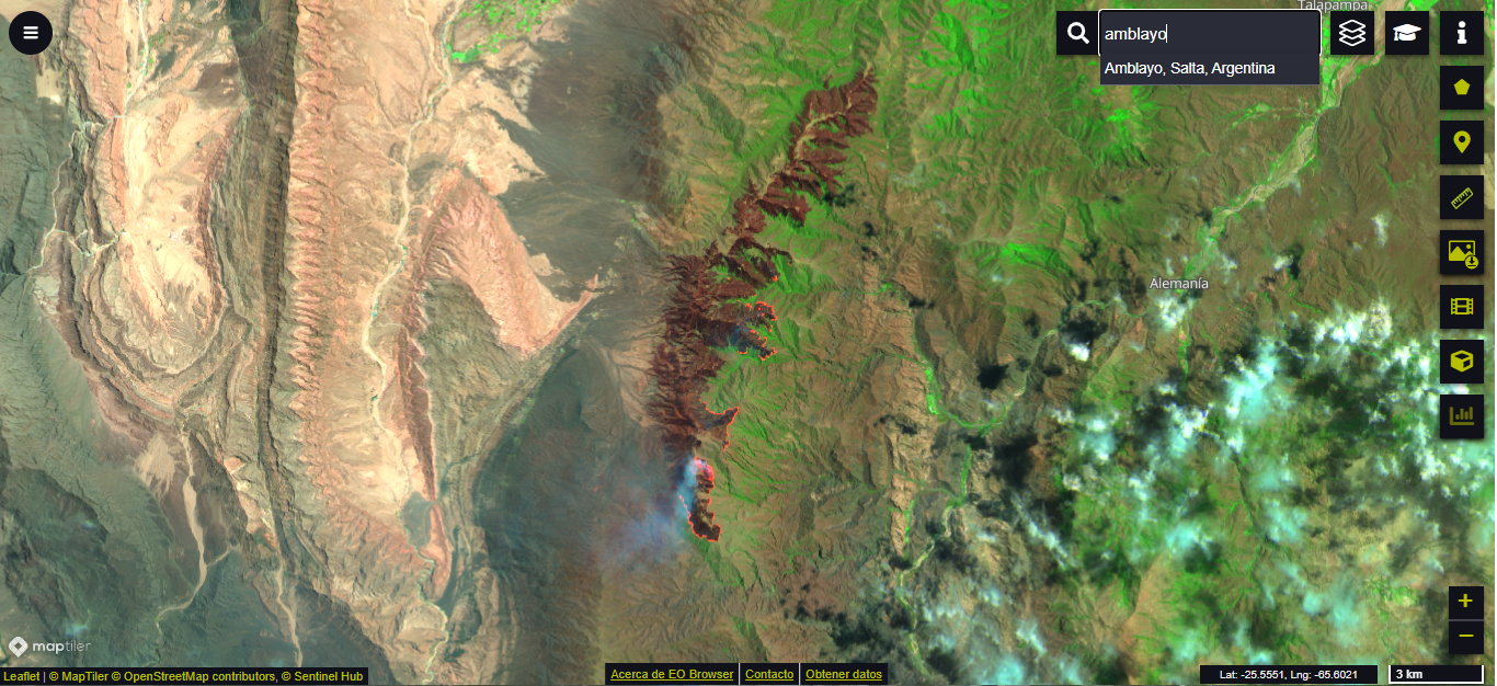 Incendios en serranías de Amblayo, Departamento San Carlos. Sentinel 2 (27/10/2021)